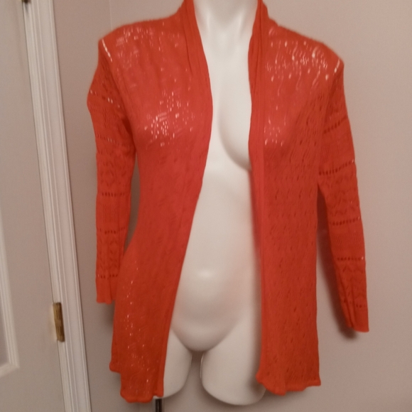 Roz & Ali Sweaters - Roz & Ali semi sheer pink/orange tunic cardigan